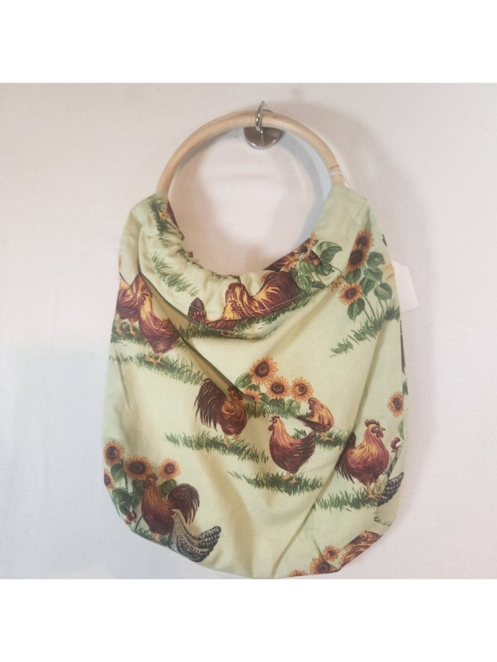 Handmade Rooster Sunflower Print Hobo Bag Wooden Ring Handle Boho‎ Tote